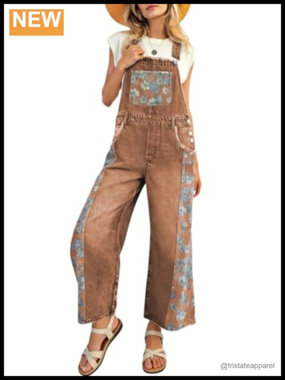 Floral Denim Bib Overalls Womens Wide Leg Cropped Overall Jumpsuit Adjustable